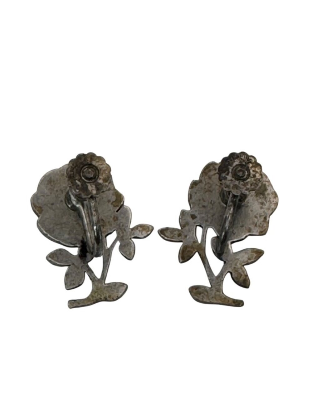 Vintage Sterling Silver Rose Screw-Back Earrings Marcasite Floral Design 7.76g - Picture 9 of 12